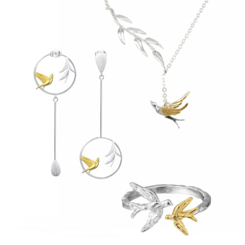Silver 925 & gold-plated Set Asymmetric Birds